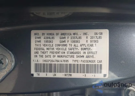 2008 Honda Accord 2.4 Lx-P from USA, damaged, VIN 1HGCP26478A147695